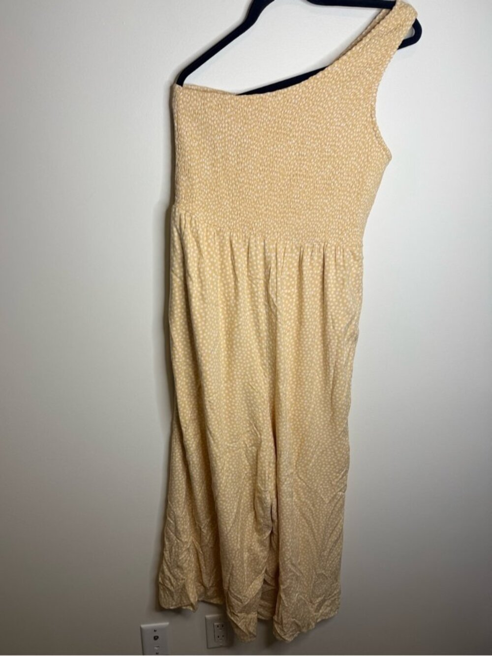 American Eagle Outfitters One-Shoulder Yellow Polka Dot Jumpsuit size large